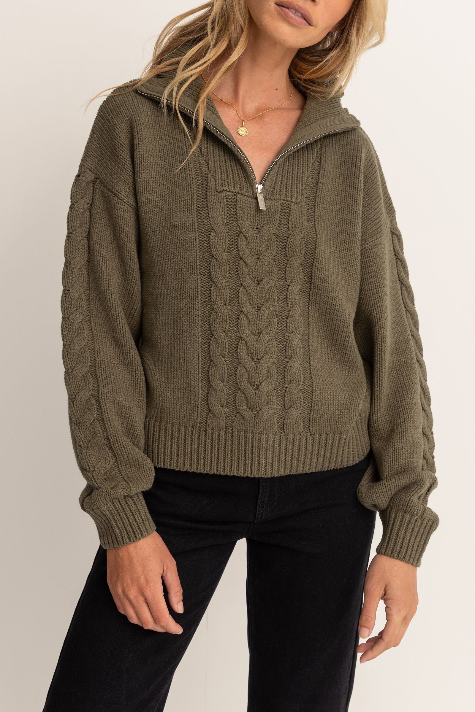 RHYTHM CABELLED VINTAGE ZIP KNIT - OLIVE